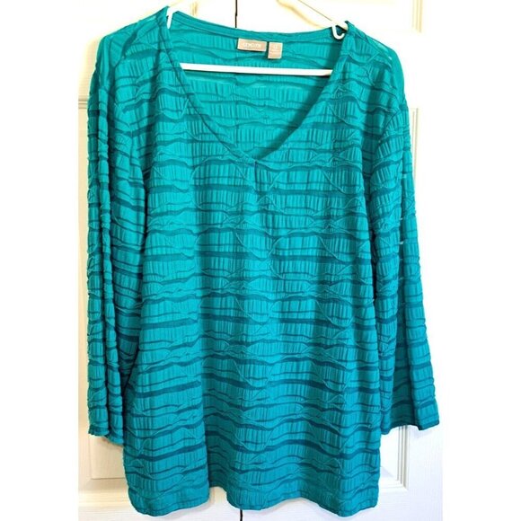 Chico's Tops - Chico's 3/XL V-Neck Teal Green 3/4 Sleeve Tone-on-Tone Sheer Stripe Top
